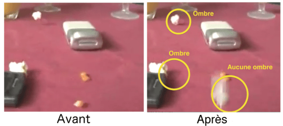 Deux images consécutives dans la vidéo virales sur le popcorn et les téléphones cellulaires. Les ombres existent seulement pour les popcorns qui sont retombés sur la table, pas pour ceux qui viennent d'éclater.